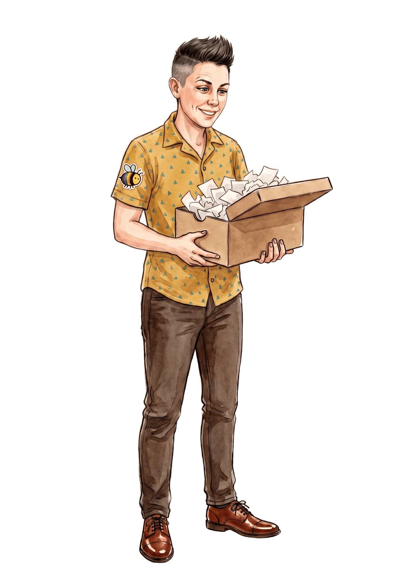 Levee carrying a shoebox of loose receipts