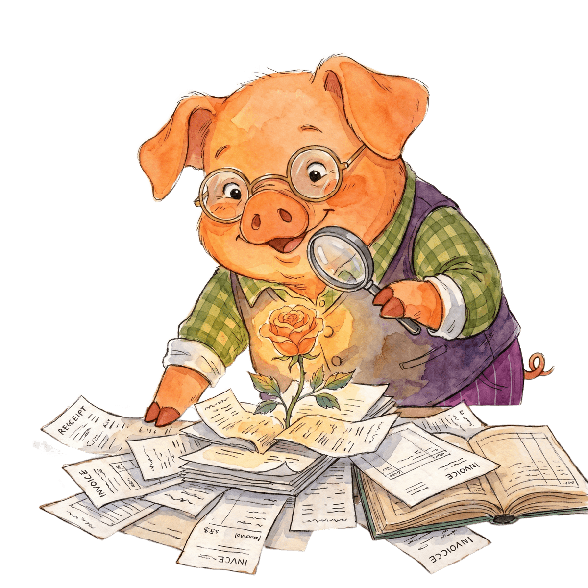 Truffles reading through a spread of receipts and open books with a magnifying glass, an orange rose growing up out of the paperwork